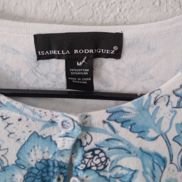 Isabella Rodriguez blue white floral print cardigan sweater puff shoulder womens - Picture 2 of 3